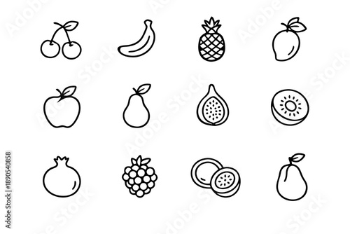 Minimal outline fruit icon set of twelve items including cherries, banana, pineapple, apple, pear, fig, kiwi slice, pomegranate, berries and passion fruit halves in black line style.