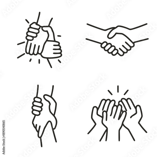 Black outline hand gesture icons set: helping grip, handshake, supportive hold and group high five. Concept of teamwork, trust, partnership, applause and community support.