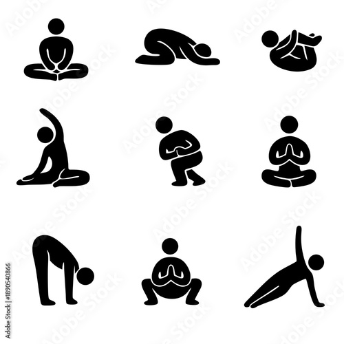 Black silhouette yoga and stretching poses set: meditation, child pose, twist, lunge, squat and side plank. Concept of fitness routine, flexibility, calm and mindfulness.