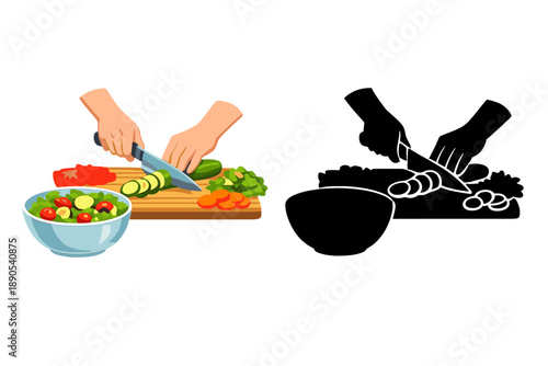 Hands are preparing food by cutting vegetables on a wooden board beside a bowl in a kitchen setting during the day