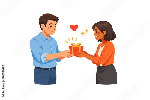 Couple exchanges a gift during a special moment in a joyful setting