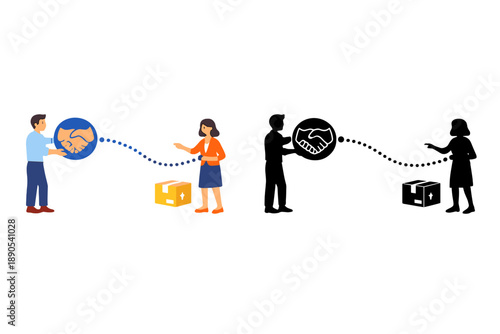 People exchanging a handshake and shipping packages in a simple graphic showing teamwork and collaboration in a workspace