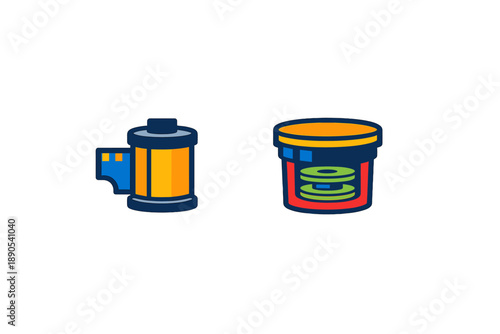 Colorful film reel and container for discs placed side by side in a simple layout showing film and disc storage options