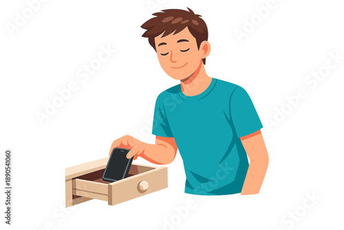 Young person puts a smartphone in a drawer at home during daytime while smiling and feeling relaxed with a casual outfit