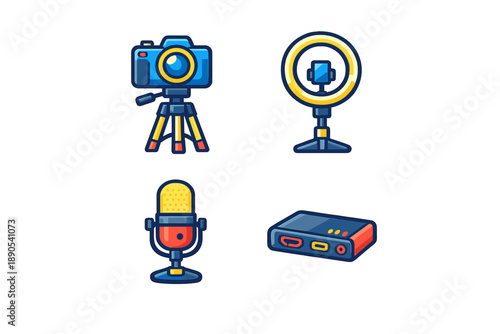 Images show a camera, a light ring, a microphone, and a device on a flat surface. The items are common for video and audio recording. This setup helps creators make better content