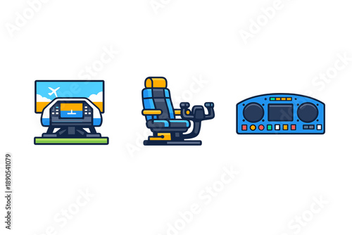 Flying scene shows airplane screen, pilot seat, and control panel in simple design with bright colors and clear shapes for training or simulations