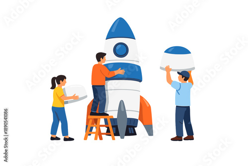 People build a rocket together in a workshop during the day while exploring space themes and collaborating on a joint project