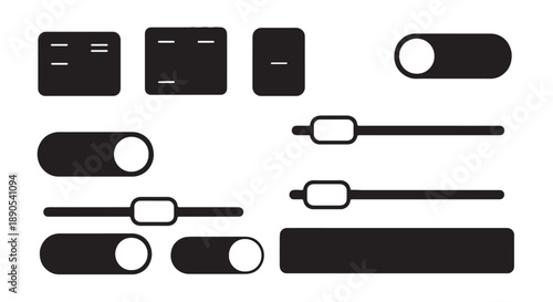 Collection of black and white ui toggle switch elements in various styles on a light background