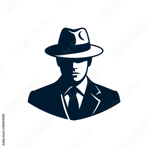 Stylized silhouette of a man wearing a fedora hat and suit jacket obscures his face with deep shadow, representing mystery or espionage.