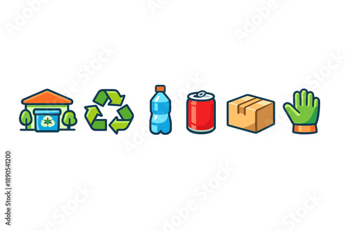 Recycling symbols and items are shown with clear designs to promote waste management and eco-friendly practices in everyday life