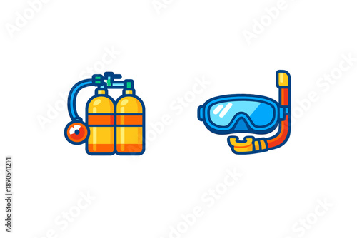 Scuba diving equipment with oxygen tanks and snorkeling gear displayed together for underwater exploration in recreational settings