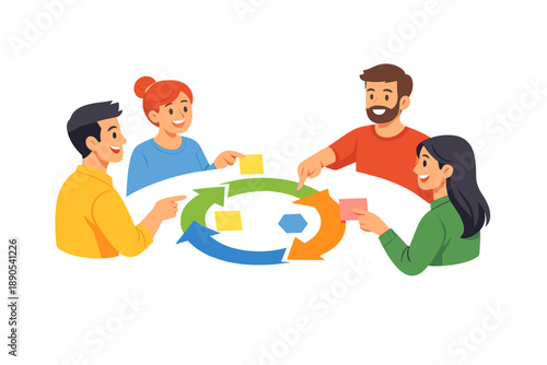 Group of people engaged in a planning session while working with sticky notes around a circular table with colored arrows