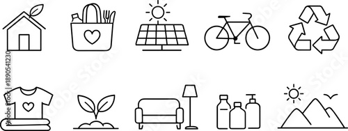 Set of eco-friendly lifestyle icons for sustainable living and environmental protection