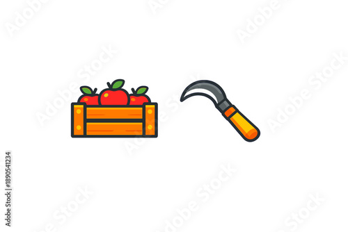 Harvesting apples using a sickle and a wooden crate in a garden during the autumn season in a rural area