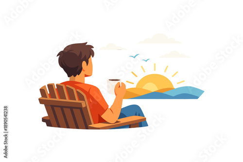 Person sitting on a wooden chair by the water looking at the sunrise while holding a cup of coffee in the early morning