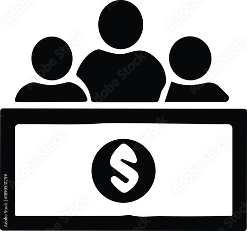 Finance icon with three people and currency note for funding, investment, economic support, and community resource design themes