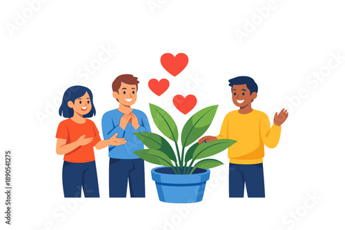 People gather around a plant to show appreciation in a garden setting during daytime for a cheerful moment