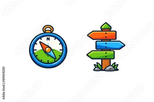 Compass and signpost represent navigation choices and direction in travel and exploration at any place and time