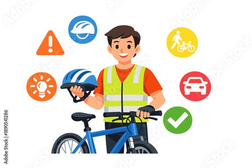Person in safety vest holds bicycle and helmet while surrounded by traffic signs and symbols showing road safety and bicycle use