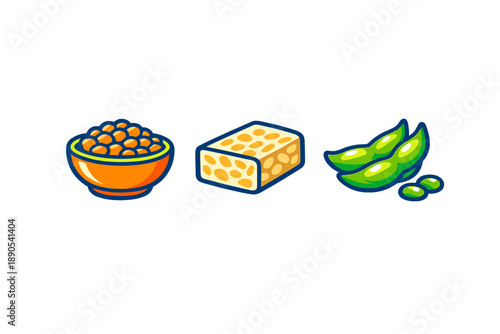Different types of plant-based protein sources shown together on a plain background in a simple style with clear shapes and colors