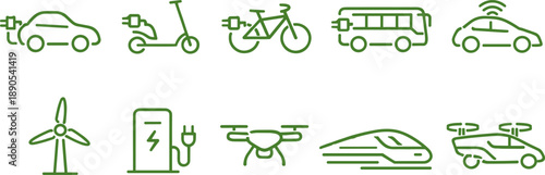 Collection of green transportation icons representing electric vehicles and renewable energy sources