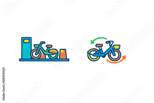 Graphic shows bike docking station and bike with rotation arrows to indicate movement. This illustrates bike-sharing concept and urban transport solutions for city commuting