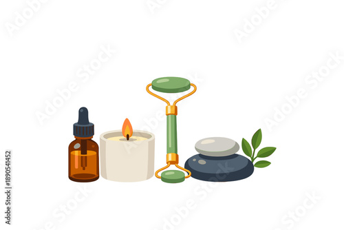 Relaxation tools on a clean surface with essential oil, candle, jade roller, and stones during a self-care session