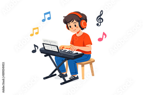 Child plays keyboard at home while listening to music during the afternoon