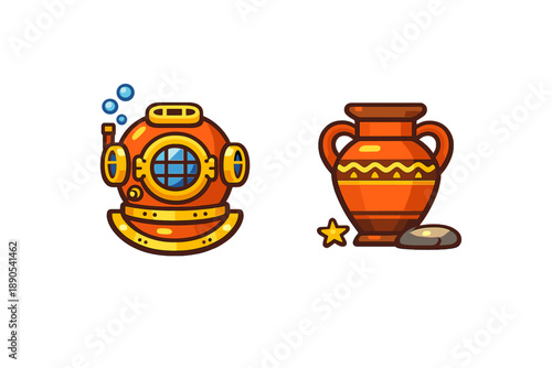 Diving equipment and ancient pottery design displayed together to highlight underwater exploration and archaeology