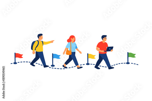 Group of people walking on a path marked with flags while one person points and another carries a laptop in a bright and colorful scene