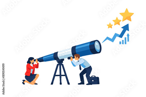 People looking through telescope toward chart with stars and upward trend line in office setting during daytime