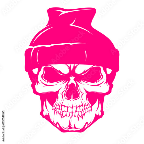 Black and white illustration of a human skull facing forward with detailed bone structure and empty eye sockets against a solid dark background