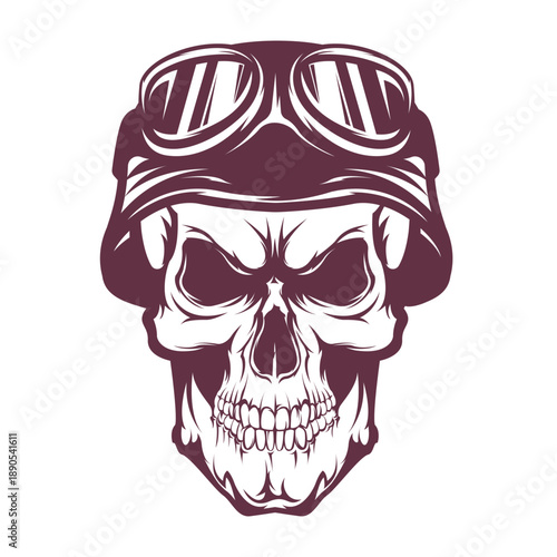 Black and white illustration of a human skull facing forward with detailed bone structure and empty eye sockets against a solid dark background