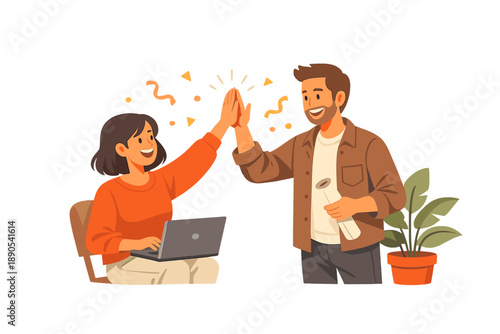 Two people celebrate a success by giving each other a high five in a bright room during daytime
