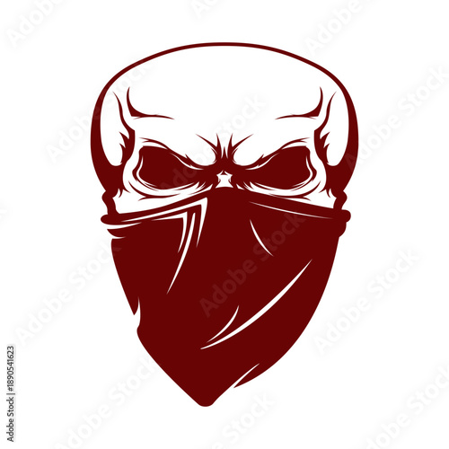 Black and white illustration of a human skull facing forward with detailed bone structure and empty eye sockets against a solid dark background