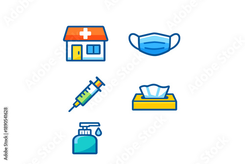Health related items including a clinic, syringe, mask, hand sanitizer, and tissue on a white background during a time of focus on hygiene and safety