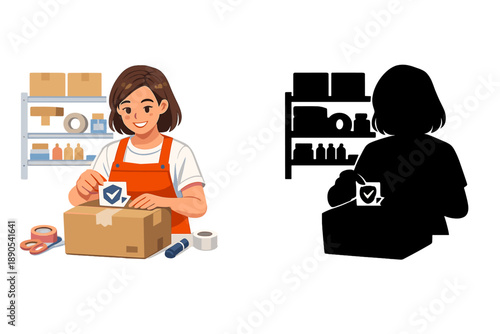 Worker packs box and checks items in a storage area during a busy workday in a retail environment with shelves in the background