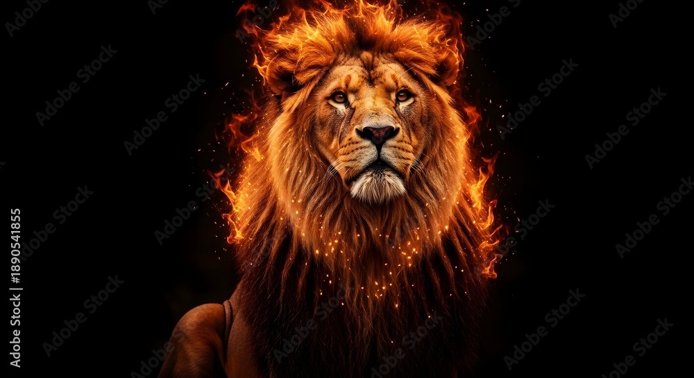 Fototapeta premium A majestic lion with a fiery mane, set against a dark, black background with swirling flames
