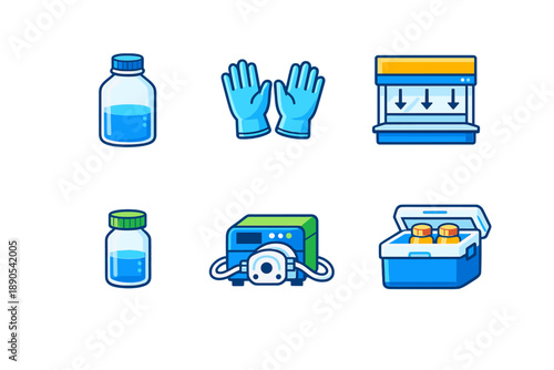 COVID-19 vaccination supplies arranged in a clinic setting with vials, gloves, and storage equipment