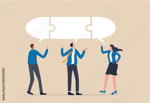 Compromise to get solution in business meeting, leadership to communicate and connect ideas in brainstorm session concept, smart business people team with connected jigsaw puzzle speech bubble.