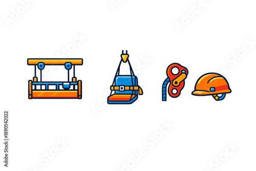Safety equipment is displayed for construction work at a building site during the day with various tools and gear organized on a simple background