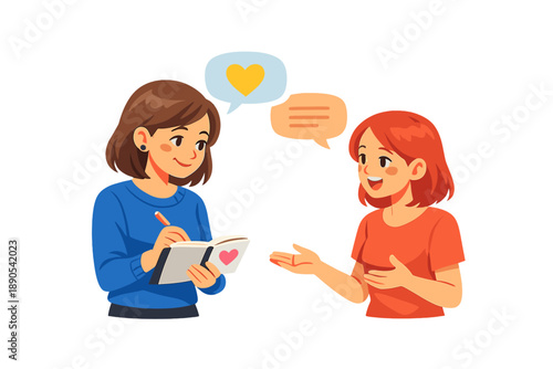 Two friends talking and sharing ideas while one writes in a notebook during a casual conversation in a bright setting