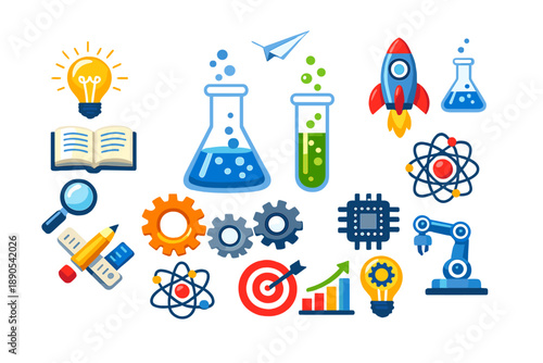 Science and technology icons showing experiments, creativity, and discovery in a colorful design suitable for education or innovation themes