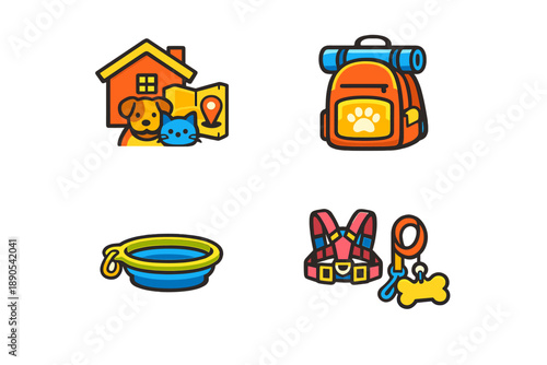 Collection of pet care items including a dog, cat, pet backpack, and supplies for walking pets in a playful design from a digital illustration