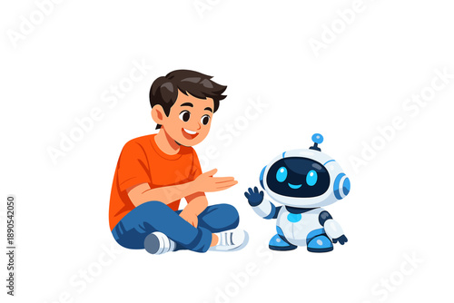 Boy interacts with a friendly robot at home during a playful afternoon in a simple indoor setting focused on friendship and technology