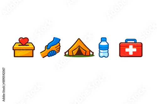 Multiple symbols represent camping gear, first aid items, and donation actions for outdoor activities and emergencies during a community event at a park
