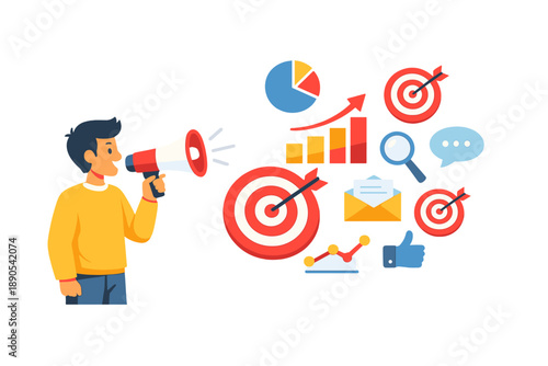 Person using a megaphone to share ideas and information about targets and market trends with charts and symbols in a creative workspace