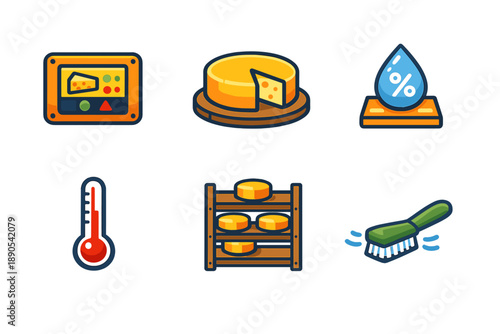 Cheese production process showing tools, temperature control, moisture assessment, and cheese storage