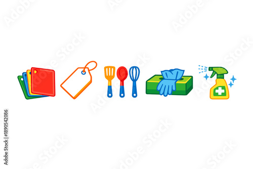 Cleaning supplies and tools are arranged in a simple line on a white background showing the items used for household chores and maintenance