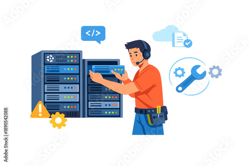 Technician works on server maintenance in a technology room during daytime hours